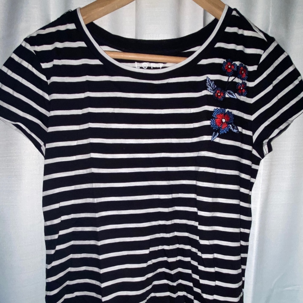 Black and White Striped Shirt w Flower Embroidery